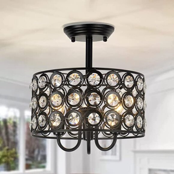Modern Semi Flush Mount Light Fixture | Black Crystal Drum Shade - Picture 7 of 8